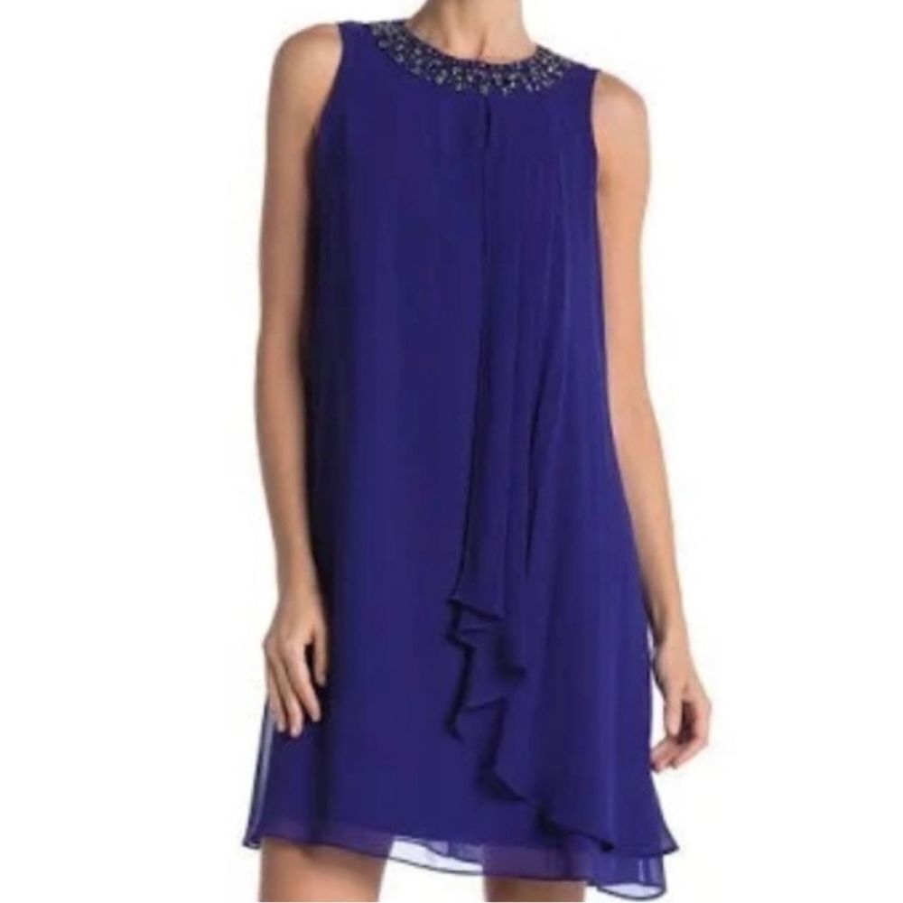 Vince Camuto Beaded Cocktail Party Chiffon Dress Mini Size 2 Royal‎ Blue.